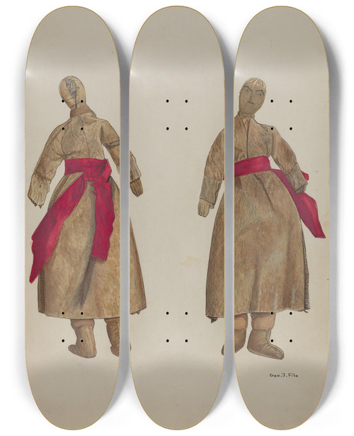Triptych art skateboard deck of George File Woman Doll In Buckskin by George File