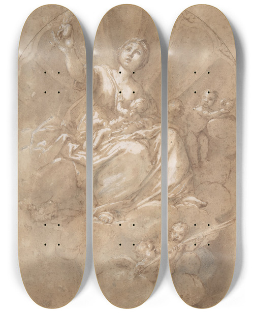 Triptych art skateboard deck of Marcantonio Franceschini Allegorical Figure Of Charity by Marcantonio Franceschini (1648-1729)