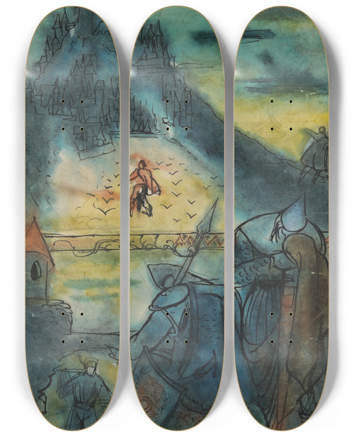 Triptych art skateboard deck of Jn Novk Below The Enchanted Castle by Jan Novak (1921-1944)