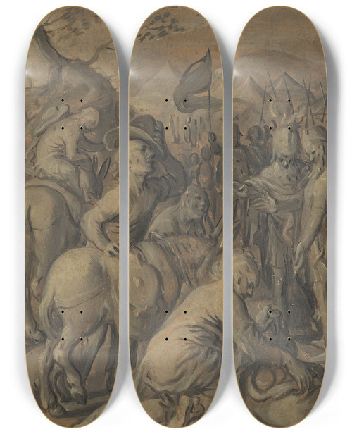 Triptych art skateboard deck of Joachim Beuckelaer The Trickery Of The Gibeonites by Joachim Beuckelaer (1530-1574)
