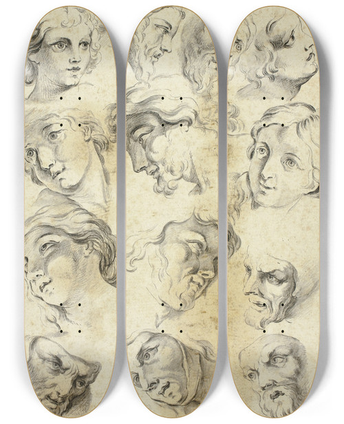 Triptych art skateboard deck of After Abraham Bloemaert 13 Sketches Of Various Faces by After Abraham Bloemaert (1564-1651)