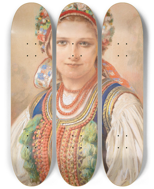 Triptych art skateboard deck of Piotr Stachiewicz Portrait Of A Woman In Polish Costume by Piotr Stachiewicz (1858-1938)