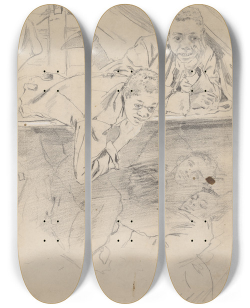 Triptych art skateboard deck of Winslow Homer Study For Army Boots Verso by Winslow Homer (1836-1910)