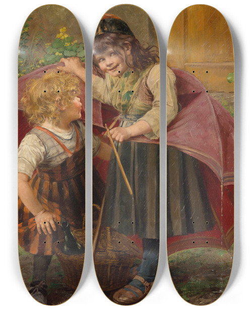 Triptych art skateboard deck of Georg Rssler Der Regenschirm by Georg Rossler (1861-1925)