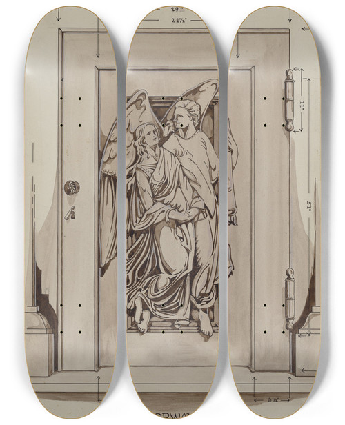 Triptych art skateboard deck of Thomas Byrne Iron Doorway To Tomb by Thomas Byrne