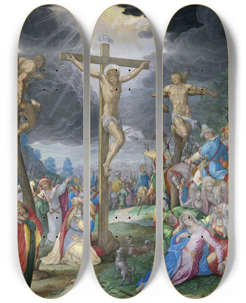 Triptych art skateboard deck of Friedrich Brentel The Crucifixion by Friedrich Brentel (1580-1651)