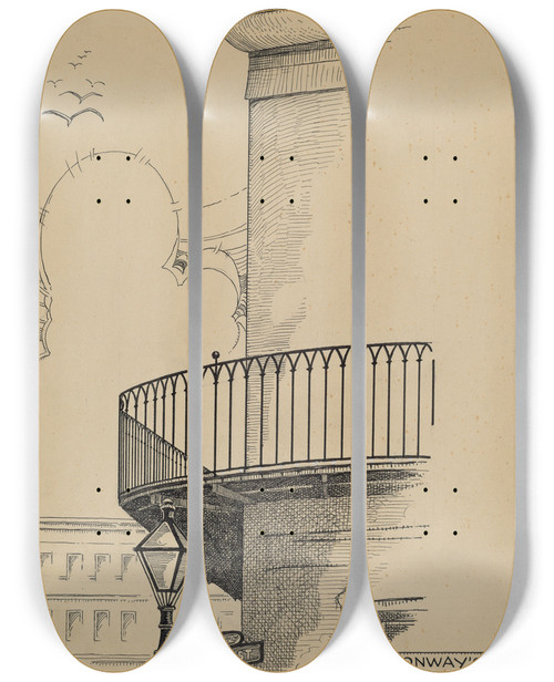 Triptych art skateboard deck of Thomas Byrne Wrought Iron Railing_2 by Thomas Byrne