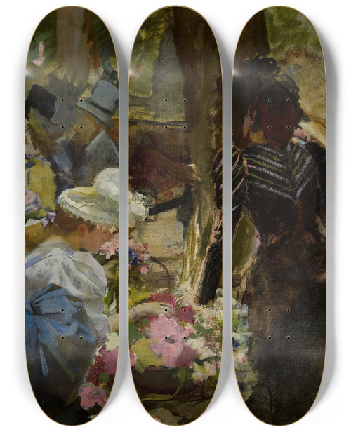 Triptych art skateboard deck of Henri Gervex Le March Aux Fleurs by Henri Gervex (1852-1929)