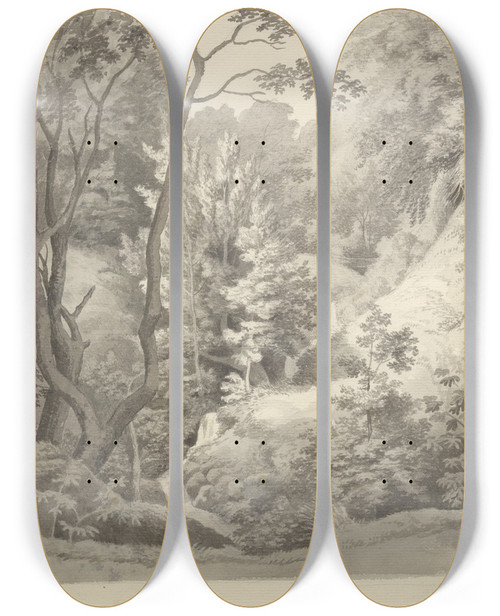 Triptych art skateboard deck of Christoffer Wilhelm Eckersberg Djvleklften I Liselunds Have P Mn by Christoffer Wilhelm Eckersberg (1783-1853)