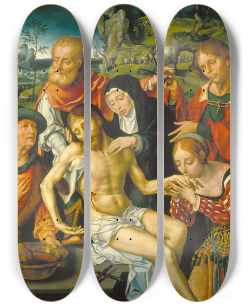 Triptych art skateboard deck of Joos Van Cleve Lamentation Of Christ by Joos Van Cleve (1485-1541)