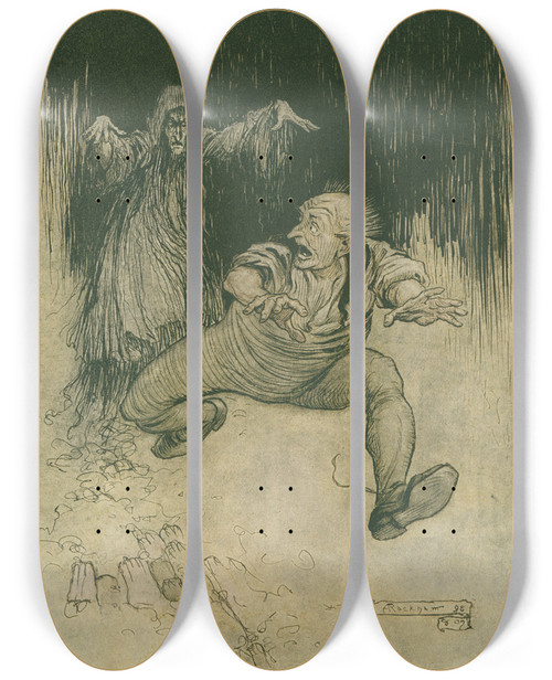 Triptych art skateboard deck of Arthur Rackham The Moment Her Shadowy Form Met His View Hemade One Grasshopper Spring To The Doorand Was Gone by Arthur Rackham (1867-1939)