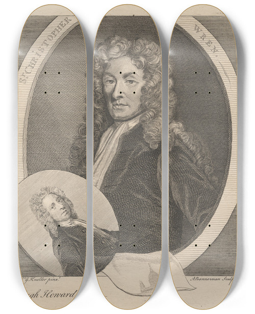 Triptych art skateboard deck of Alexander Bannerman Sir Christopher Wren And Hugh Howard by Alexander Bannerman (1730-1780)