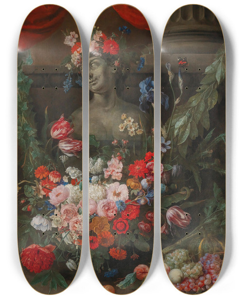 Triptych art skateboard deck of Joris Van Son Fruit And Flowers Surrounding A Stone Bust Of The Goddess Flora by Joris Van Son (1623-1667)
