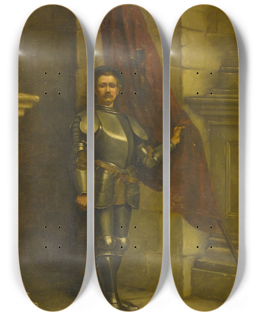 Triptych art skateboard deck of William Anstey Dolland Portrait Of A Gentleman In Armor by William Anstey Dolland (1858-1929)