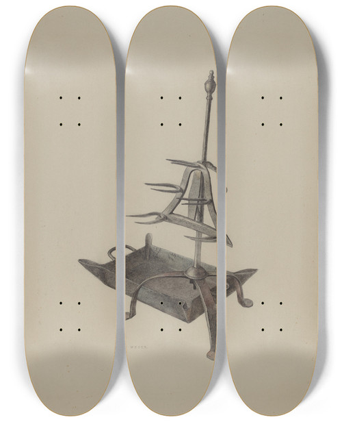 Triptych art skateboard deck of Roy Weber Roasting Stand With Drip Pan by Roy Weber