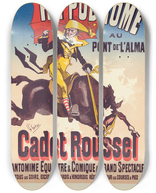 Triptych art skateboard deck of Jules Chret Cadet Roussel by Jules Cheret (1836-1932)