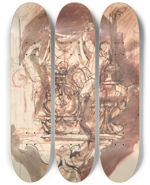 Triptych art skateboard deck of Pieter Verbruggen The Younger Design For A Sepulchral Monument_3 by Pieter Verbruggen The Younger (1648-1691)