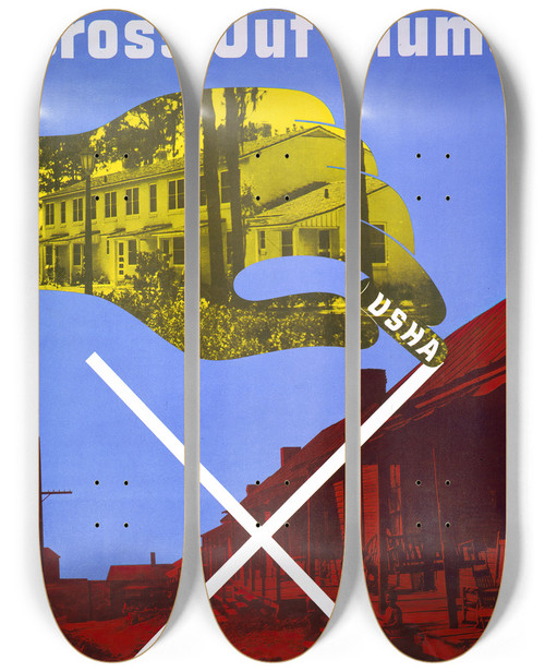 Triptych art skateboard deck of Lester Beall Cross Out Slums Usha by Lester Beall (1903-1969)
