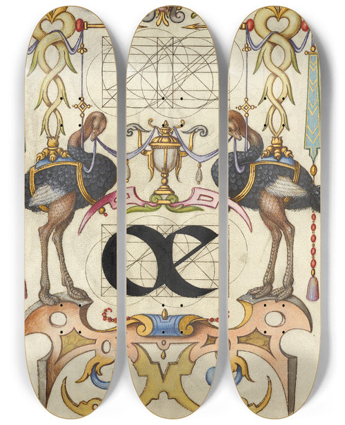 Triptych art skateboard deck of Joris Hoefnagel Guide For Constructing The Ligature Oe by Joris Hoefnagel (1542-1600)
