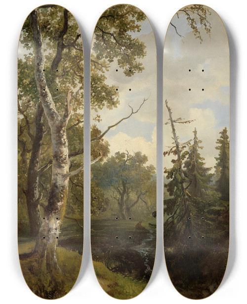 Triptych art skateboard deck of Johannes Wernardus Bilders Bosgezicht Bij Wolfheze by Johannes Wernardus Bilders (1811-1890)