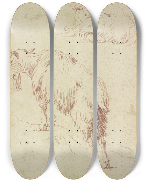 Triptych art skateboard deck of Johann Melchior Roos Eine Stehende Und Eine Liegende Ziege by Johann Melchior Roos (1663-1731)