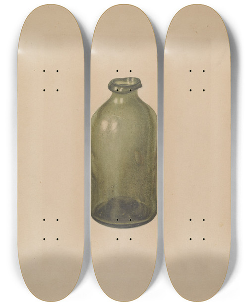 Triptych art skateboard deck of Charles Garjian Shoe Blacking Bottle by Charles Garjian