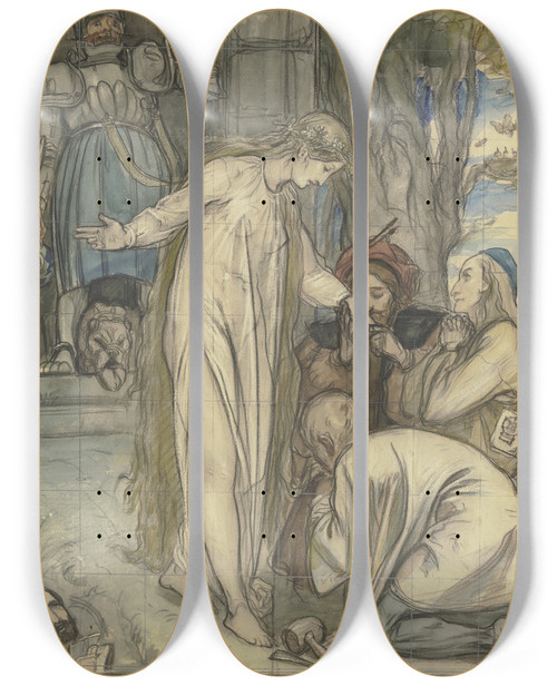 Triptych art skateboard deck of Frederic Leighton The Arts Pay Homage To Spring by Frederic Leighton (1830-1896)