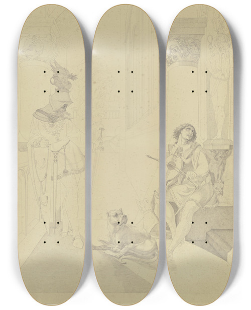 Triptych art skateboard deck of Ferdinand Fellner Hagen Und Volker Halten Schildwache by Ferdinand Fellner (1799-1859)