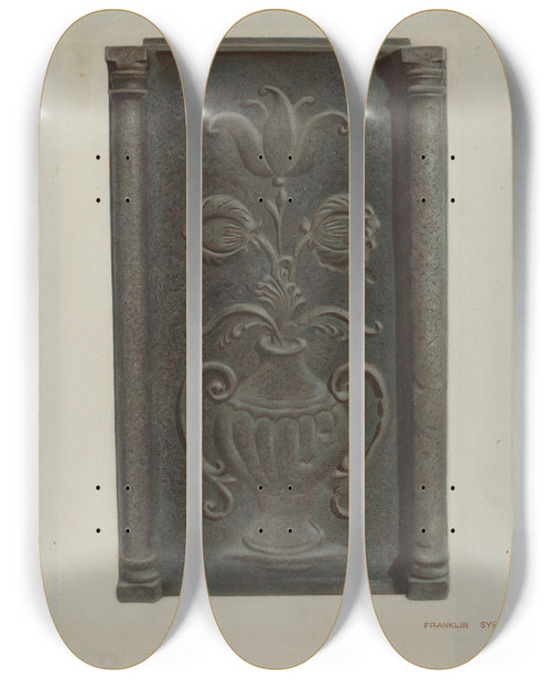 Triptych art skateboard deck of Franklyn Syres Pa German Stove Plate by Franklyn Syres