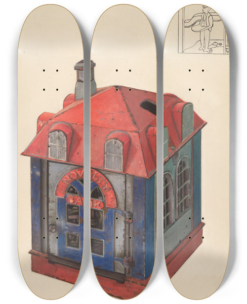 Triptych art skateboard deck of Chris Makrenos Toy Bank_1 by Chris Makrenos (20-)