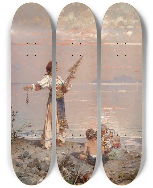 Triptych art skateboard deck of Franz Richard Unterberger In Der Bucht Von Neapel by Franz Richard Unterberger (1838-1902)