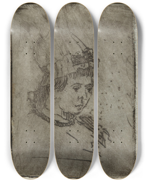 Triptych art skateboard deck of Otto Henry Bacher Small Head With Mob Cap by Otto Henry Bacher (1856-1909)