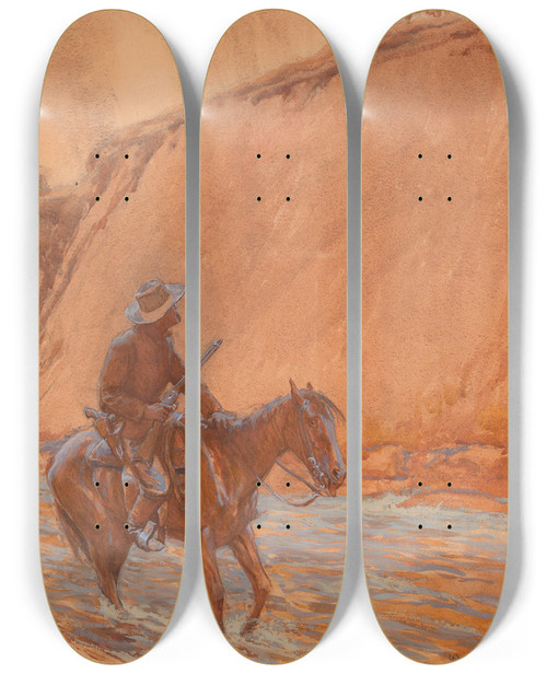 Triptych art skateboard deck of Maynard Dixon The Fugitives Horse Plunged Into The Deep Water by Maynard Dixon (1875-1946)