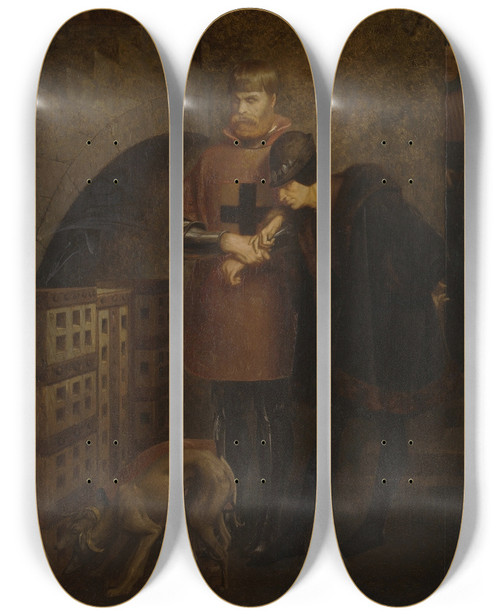 Triptych art skateboard deck of Jeanlon Grme Louis Xi Of France Visiting Cardinal Balue In His Iron Cage by Jean-Lon Grme (1824-1904)