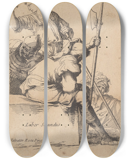 Triptych art skateboard deck of Salvator Rosa Three Soldiers One Seated On A Square Block Of Stone by Salvator Rosa (1615-1673)