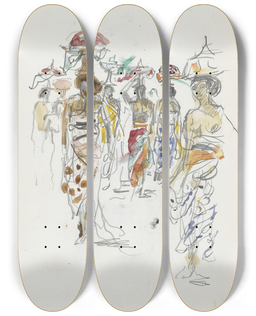 Triptych art skateboard deck of Marius Bauer Indonesische Vrouwen Met Schalen Op Het Hoofd by Marius Bauer (1867-1932)