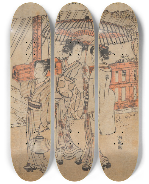 Triptych art skateboard deck of Korysai Isoda Three Females Two Carrying Box And Lantern by Isoda Koryusai (1735-1790)