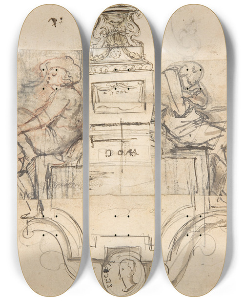 Triptych art skateboard deck of Pieter Verbruggen The Younger Design For A Sepulchral Monument_1 by Pieter Verbruggen The Younger (1648-1691)