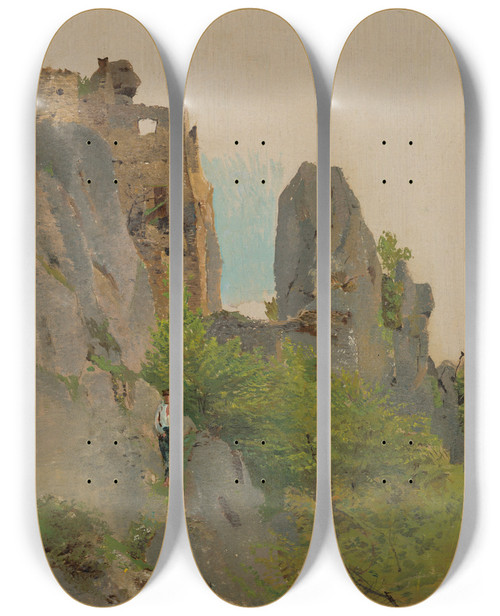 Triptych art skateboard deck of Ladislav Mednynszky View Of The Ruins Of Sov by Ladislav Mednyanszky (1852-1919)