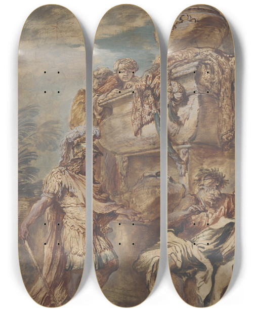 Triptych art skateboard deck of Giovanni Benedetto Castiglione Alexander At The Tomb Of Cyrus by Giovanni Benedetto Castiglione (1609-1664)