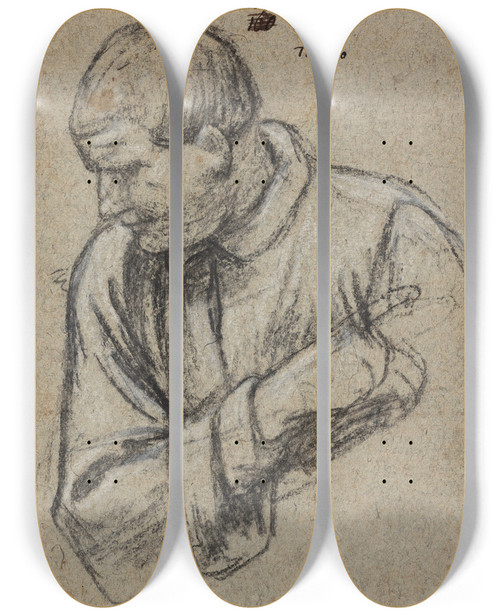 Triptych art skateboard deck of Enea Talpino Brystbillede Af En Mand Med Hovedet I Profil Mod Venstre Pegende Mod Hjre by Enea Talpino