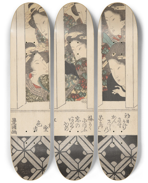 Triptych art skateboard deck of Toyokuni Utagawa Heads Of Six Courtesans Peeping Through Heavy Wood Lattice Window by Toyokuni Utagawa (1769-1825)