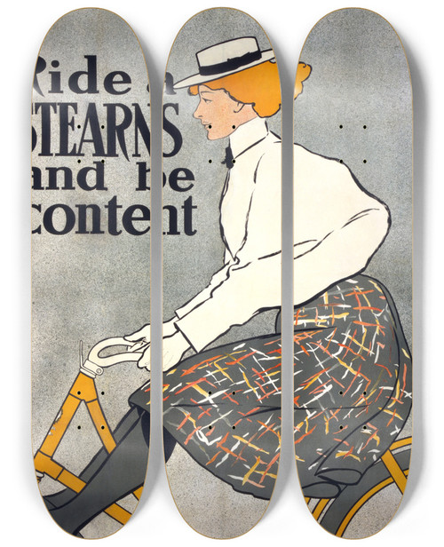 Triptych art skateboard deck of Edward Penfield Ride A Stearns Be Content by Edward Penfield (1866-1925)