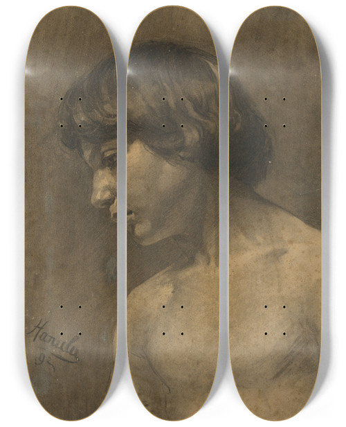 Triptych art skateboard deck of Jozef Hanula Study Of A Boys Head by Jozef Hanula (1863-1944)