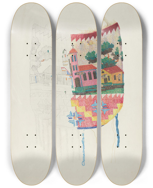 Triptych art skateboard deck of Harriette Gale Beadwork On Purse Tech Demonstration by Harriette Gale
