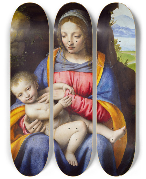 Triptych art skateboard deck of Bernardino Luini The Virgin And Child In A Landscape by Bernardino Luini (1480-1532)