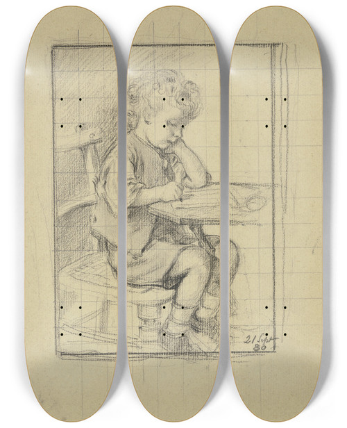 Triptych art skateboard deck of Otto Scholderer Schreibender Knabe Nach Rechts by Otto Scholderer (1834-1902)