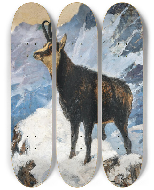 Triptych art skateboard deck of Hugo Engl Chamois High In The Mountains by Hugo Engl (1852-1926)