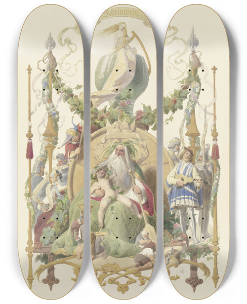 Triptych art skateboard deck of Adolf Schrdter  Die Vier Hauptgetrnke Rheinwein by Adolf Schrodter (1805-1875)