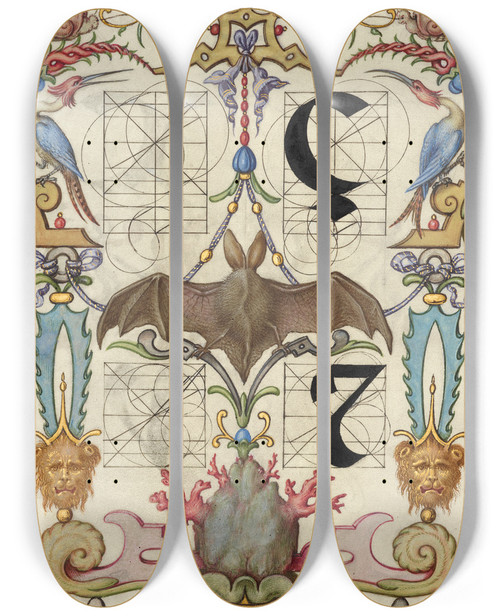 Triptych art skateboard deck of Joris Hoefnagel Guide For Constructing The Letters And Tironian Et by Joris Hoefnagel (1542-1600)